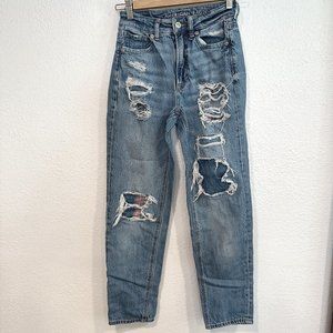 American Eagle Mom Straight Jeans Distressed Ripped Holes W23xL26.5 Womens Sz 00